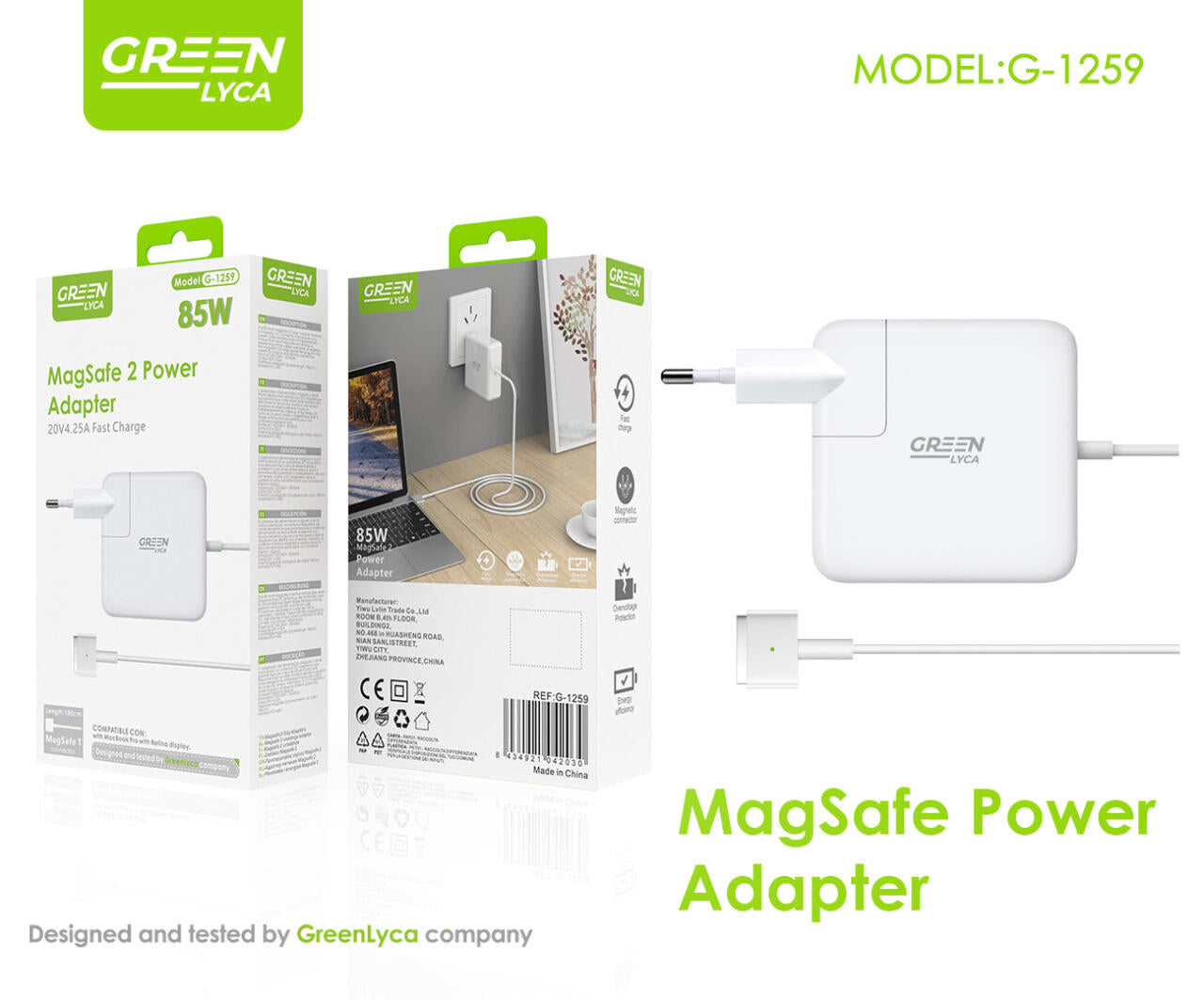 🔌 Green Lyca – Cargador de Laptop 85W 20V 4.25A para Apple