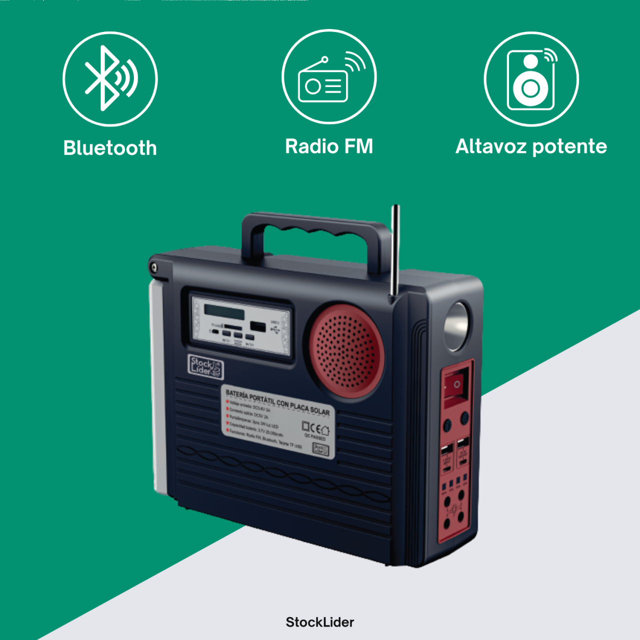 ☀️ Batería Portátil Solar StockLíder SL10720 – Energía, Luz y Música en Cualquier Lugar